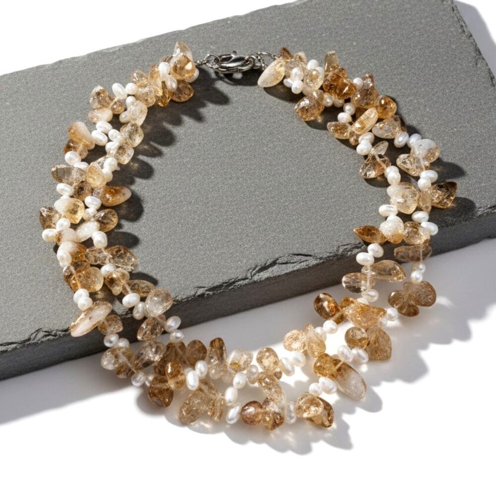 Multi-strand Rutilated Citrine and Freshwater Pearl Floating Necklace